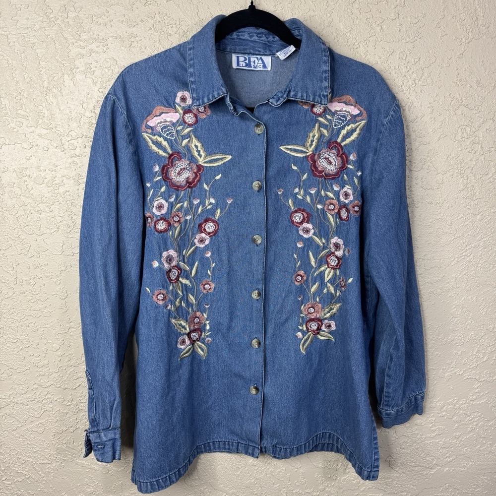 BFA Classics VTG Embroidered Denim Shirt Womens L Floral Western Country Cottage